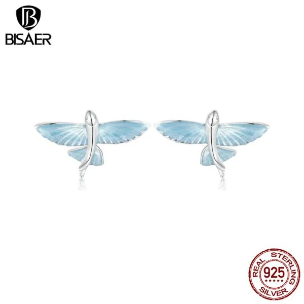 Boucles d'oreilles BISAER 925 argent Sterling poisson volant boucles d'oreilles bleu animal boucles d'oreilles plaqué or blanc pour femme fête bijoux fins cadeau