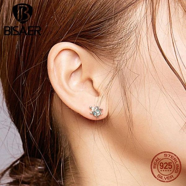 Boucles d'oreilles BISAER 925 boucles d'oreilles en argent Sterling tortue de mer verre bleu Zircon plaqué PlatinumEar pour les femmes conception originale bijoux fins