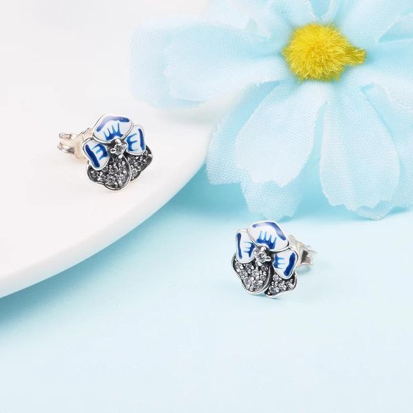 Oorbellen Blauw Viooltje Bloem Stud Oorbellen Verjaardag 100% Echt 925 Sterling Zilver Gratis Verzending Groothandel Kleine Oorbellen voor Vrouwen