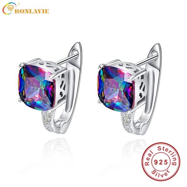 Pendientes BONLAVI Cuadrado Natural Mystic 6.8ct Piedras de topacio arcoíris Perforado Ear Cuff 925 Plata de ley Marca Fiesta Boda Joyería fina