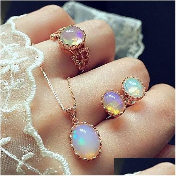 Boucles d'oreilles Bracelet Opal Bijoux Ensembles Pour Femme Pendentif Colliers Ras Du Cou Goutte D'eau Bague Or Couleur Bohême Cadeaux De Mariage Livraison Dhdb9