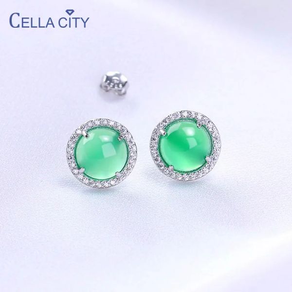 Boucles d'oreilles CELLACITY PURE 925 Boucles d'oreilles en argent sterling pour femmes 8 * 10 mm Green Callondes d'oreille Femelle Round Gem Stone Oreads Anniversa