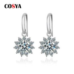 Oorbellen cosya real 1 karaat moissaniet sneeuwvlok diamant drop oorbellen voor vrouwen 925 sterling zilveren bruiloft fijne sieraden valentijngeschenken