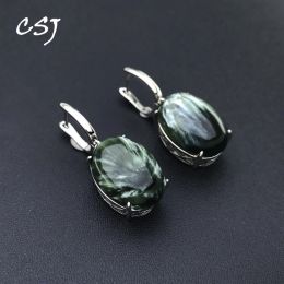 Boucles d'oreilles CSJ ​​Big Stone Natural Seraphinite Earring Sterling 925 Silver Charoite Oval 13 * 18 mm pour les femmes Bijoux d'anniversaire Bijoux Gift