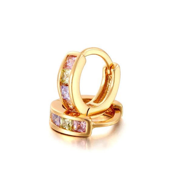 Pendientes Lindo de 10 mm Gold Color Rainbow Square Cz Stone Loop Small Circle Huggie Hoop Pendientes para mujeres Niñas Baby Kids Jewelry Brinco