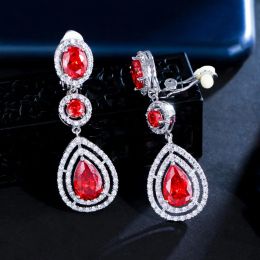 Boucles d'oreilles cwwzircons de haute qualité femmes de la fête de mariage rouge bijoux bijoux de chute d'eau longue sur boucle d'oreille sans perçage oreille CZ244