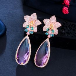 Pendientes CWWZircons Micro Pave Pink Cúbico Flower Flower Big Water Drop Rainbow Crystal Long Luxury Arenque para mujeres Boho Jewelry CZ965