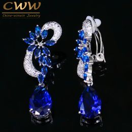 Boucles d'oreilles cwwzircons non percés vintage bleu royal CZ Fleur de fleur de cristal pas de boucles d'oreilles nues d'oreille sans piercing CZ023