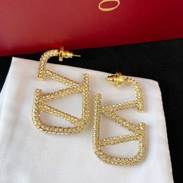 boucles d'oreilles designer pour femmes grand luxe diamant or goujons cristal classique plaqué or V lettre bijoux accessoires de fiançailles