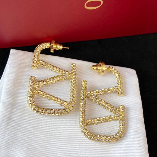 boucles d'oreilles designer pour femmes grand luxe diamant or goujons cristal classique plaqué or V lettre bijoux accessoires de fiançailles