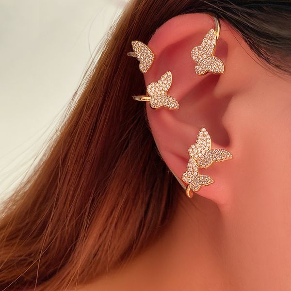 Boucles d'oreilles Designer pour femmes joli diamant 3D papillon manchette d'oreille mode manchette de luxe pour femme filles boîte-cadeau en or