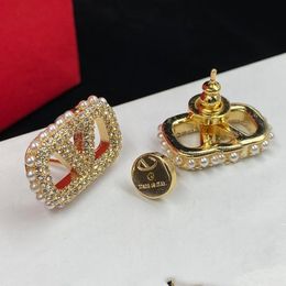 Boucles d'oreilles Designer pour femmes Stud coeur forme perle cristal or Double V lettre S Sier bijoux classique 77