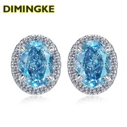 Boucles d'oreilles Dimingke S925 Silver Ear Stud 6x8mm Blue High Carbon Diamond Femme Premium Jewelry Wedding Party Anniversary Giftary