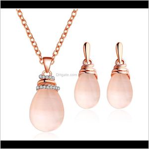 Oorbellen drop levering 2021 sieraden sets ketting wate-drop ronde roze stenen hanger geplakte knoop oorbel goudkleurige metalen ketting ndeu