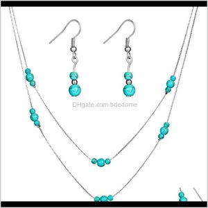 Boucles d'oreilles livraison directe 2021 ensembles de bijoux boucle d'oreille deux couches perles Turquoise collier or Sier couleur plaqué chaîne en métal Ywfrz
