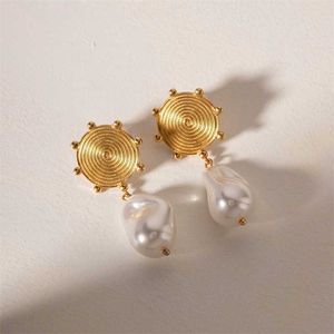 Oorbellen elegant 18k goud vergulde stalen onregelmatige barokke parelgroeiring disk lange bengele oorbellen voor vrouwen Brincos 230831