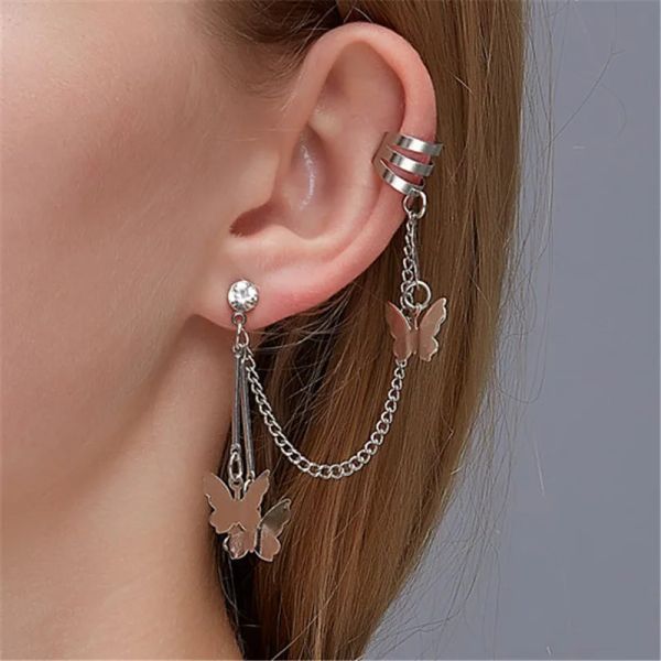 Boucles d'oreilles mode Géométrique Butterfly Clime d'oreille pour adolescents Femmes Cuffes d'oreille Cool Jewelry Retro Chaîne Long Boucroulles d'oreilles en métal Cadeau