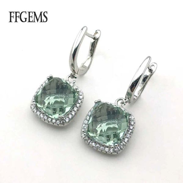 Pendientes ffgems Natural Green Crystal Square Big Stone Hang Sterling 925 Silver Drop Pendiendo para mujeres Caja de regalo de boda al por mayor