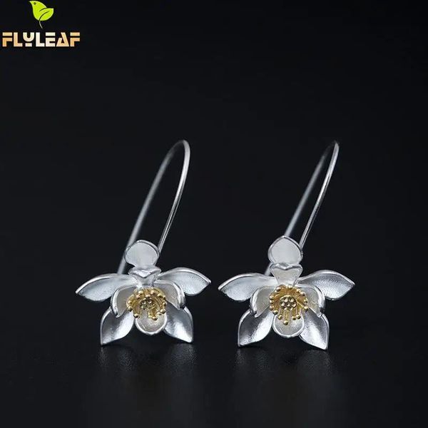 Pendientes Flyleaf 100% Plata de Ley 925 Color dorado pendientes colgantes de flor de loto grandes para mujer joyería de estilo chino Vintage para mujer