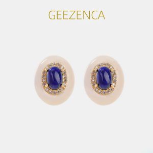 Oorbellen Geezenca Natural Lapis Lazuli 925 Sterling Silver Ovaal Kleine oorbellen voor vrouwen zirkoon 18K Golden Simple Earring 2023 Zomer