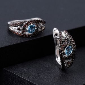 Pendientes Ballet Gem's 925 Sterling Silver Clip Parring Natural London Blue Topaz Gemstone Pendientes para mujeres Joyas de boda elegantes