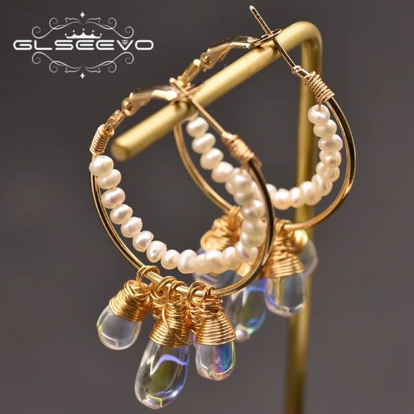 Boucles d'oreilles GLSEEVO 100% véritable eau douce perle blanche grandes boucles d'oreilles faites à la main pour les femmes amoureux des filles coréen bijoux fins Oorbellen GE0837