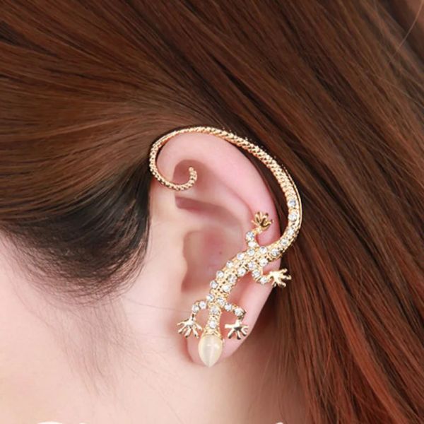 Boucles d'oreilles Gothic Punk Crystal Lizard Cuffs d'oreille pour femmes Gold Color Couleur Rhingestone Animal Geckos Clip Emboucles d'oreilles 1pc