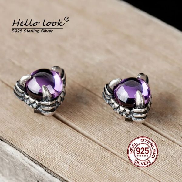 Boucles d'oreilles Hellolook 925 Sterling Silver Dragon Claw Amethyst Stud Moucles d'oreilles Punk Gothic Eagle Claw Eer Studs Piercing Brings Earge