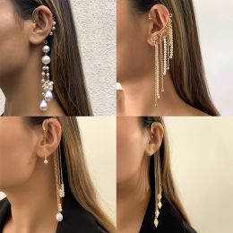 Boucles d'oreilles ingémarques longs gland imitation géométrique Clip de chaîne de perle Boucles d'oreilles sans manchette percée cartilage élégant femmes bijoux