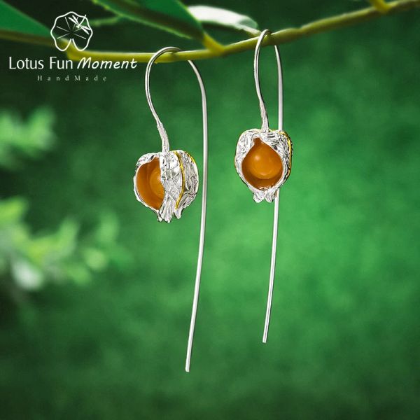 Pendientes Lotus Fun Moment Real 925 Sterling Silver Fashion Fashion Jewelry Creative Physalis Fruits Dangle Pendientes para mujeres