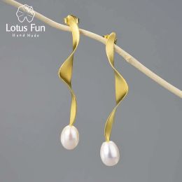 Boucles d'oreilles Lotus Fun Natural Pearl 18K Gol Long Wave Twisted Boucles d'oreilles pour les femmes Real 925 Silter Silver Fashion Bijoux de luxe