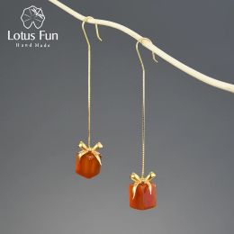 Oorbellen Lotus Fun Natuurlijke Rode Agaat Ongebruikelijke Geschenkdoos Lange Dangle Oorbellen Voor Vrouwen Echt 925 Sterling Zilver Luxe Fijne Sieraden