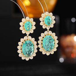 Pendientes de lujo chapado en oro amarillo doble turmalina piedra preciosa pendiente colgante para mujer elegante banquete de boda colgante joyería vintage