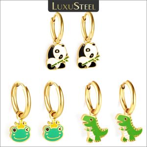 Oorbellen Luxusteel schattige kinderen hoepel oorbellen met hangend dier voor kleine meid jongens panda kikker dinosaurus roestvrijstalen oorbel kerst