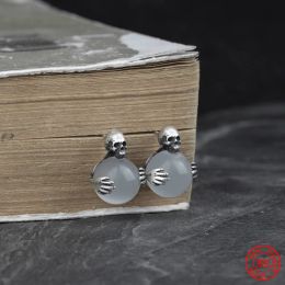 Oorbellen mkendn punkstijl 100% 925 sterling zilveren creatieve retro schedel oorrang met kattenoogsteen kralen voor mannen vrouwen fijne sieraden