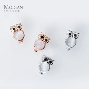Oorbellen Modian White Opal Cute Owl Oor Studs For Women Gift Authentic 925 Sterling Silver Rose Gold Color Stud Earring Fashion sieraden