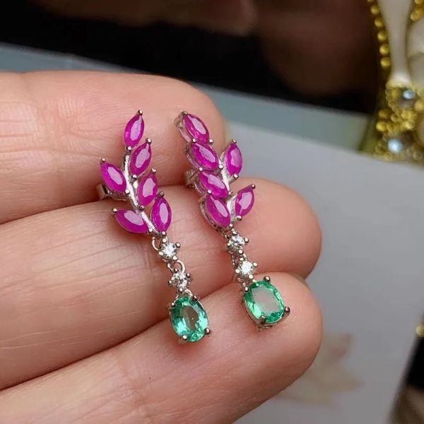 Boucles d'oreilles anneau émeraude naturel avec rubis et réel 925 Sliver beau pour femmes bijoux de créateurs