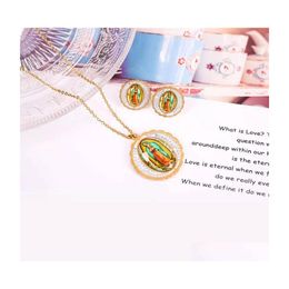 Oorbellen ketting 1 moeder maagd Maria hanger set 14 k fine solid gold gf cz katholieke religieuze kristallen sieraden cadeau 104 u2 drop dhpim