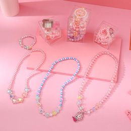 Ensemble de boucles d'oreilles et collier pour enfants, 1 ensemble, Bracelet de perles de fleurs élastiques, mode princesse rose, bijoux Kawaii pour enfants W220423