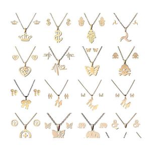 Oorbellen ketting 16 stijlen 316L roestvrij stalen sieraden sets kroon skl vlinder olifant hart hanger oorbel set voor vrouwen fas ot0kq