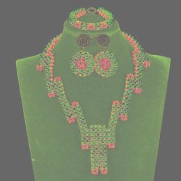 Boucles d'oreilles collier 2021 à la mode mariage nigérian perles de corail ensemble de bijoux Unique à la main femmes Costume ABH599