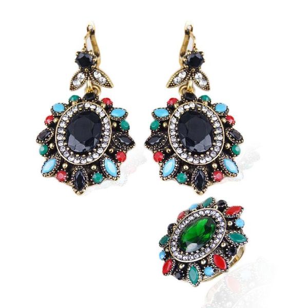 Boucles d'oreilles collier 2021 Look Vintage et bague ensembles de bijoux or résine synthétique diamant vert bleu