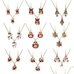 Boucles d'oreilles Collier 2023 Nouvelle mode Noël Thème Bijoux Ensemble Arbre Bonhomme de neige Père Noël Bas Canne Pendentif Collier Boucles d'oreilles Dro Dhmli