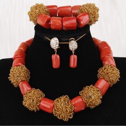 Oorbellen ketting 4ujewelry oranje Afrikaanse koraal sieraden set kralen vrouw goudballen nigeria bruiloft 230110