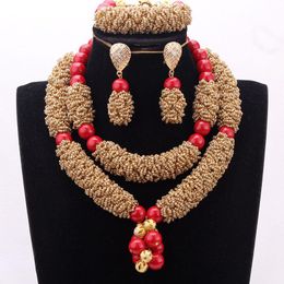 Ensemble de boucles d'oreilles et collier, 4 bijoux, cristal or et rouge, perles de mariage nigérianes, bijoux de Costume africain audacieux, 2021