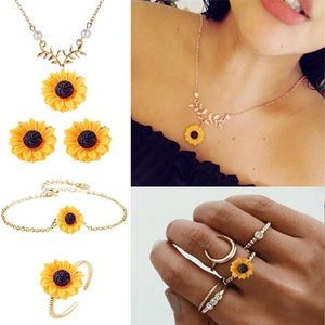 Earrings & Necklace 5pcs/lot Jewellery Set Women Sunflower Accessories Necklace/Earrings/Ring/Bracelet Jewelry Sets For Girls Gifts