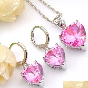 Oorbellen ketting 6 sets/lot bruiloft sieraden hangers oorbellen sets hart roze kunzite edelstenen 925 sier kettingen cz zirkoon sieraden voor dha3r