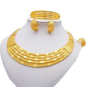 Oorbellen Ketting Afrikaanse 24k Goud Kleur Sieraden Sets Voor Vrouwen Dubai Bruids Huwelijksgeschenken Choker Armband Ring Sieraden Set271x