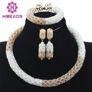 Ensemble de boucles d'oreilles et collier ras du cou africain, magnifiques bijoux blancs et dorés pour demoiselle d'honneur, événements de fête, mariage, ABH207