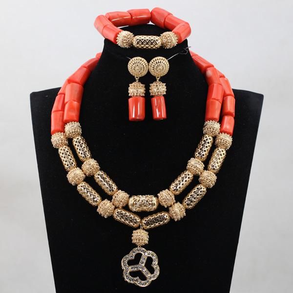 Pendientes Collar Africano Boda Nupcial Naranja Coral Beads Conjuntos de joyas Conjunto de mujeres nigerianas ABH287